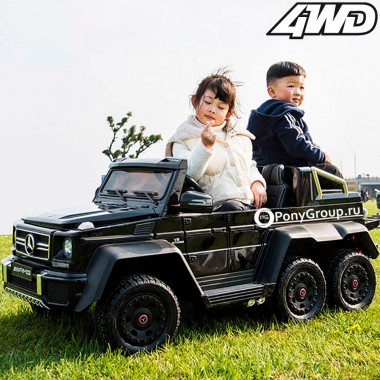 Детский электромобиль Mercedes-Benz G63 AMG 4x4 шестиколесный, двухместный, полноприводный 4WD с резиновыми колесами и кожаным сиденьем купить недорого, Машина детская Мерседес Бенц Г63 АМГ 4х4 6 колес на аккумуляторе в Москве